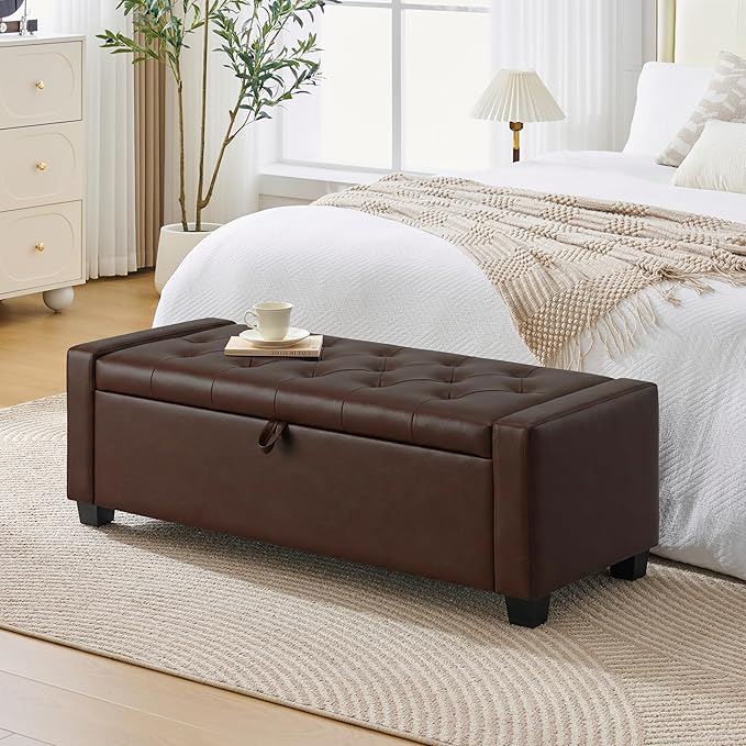 48" Ottoman with Storage, Storage Ottoman Bench with Safety Hinge, Upholstered Entryway Bench with Seating for Bedroom, Living Room, Holds up to 330 lb, Dark Brown