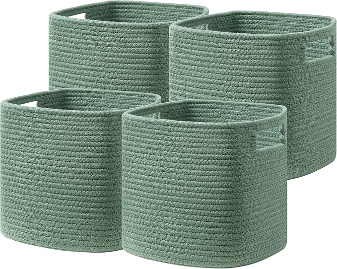 UBBCARE Set of 4 Storage Basket-13 X 13 X 13 In, Cotton Rope Basket for Shelves, Toys, Book, Cube Storage Bins with Handles, Woven Storage Basket for Organizing, Green