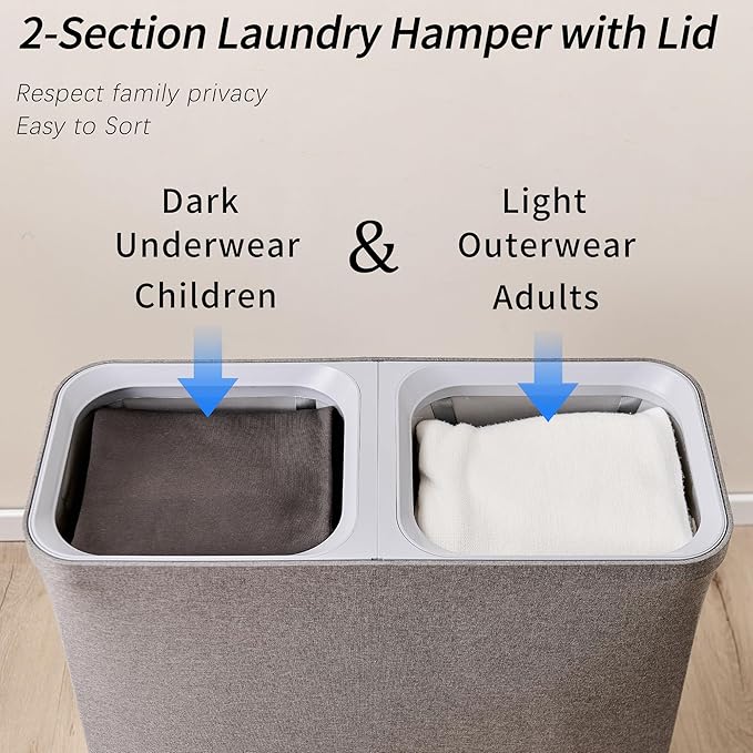 2 Dividers Dirty Clothes Basket, Double Laundry Hamper with Lid and Removable Laundry Bagsfor Laundry Room/Bedroom/Bathroom/College, 150L Large Collapsible