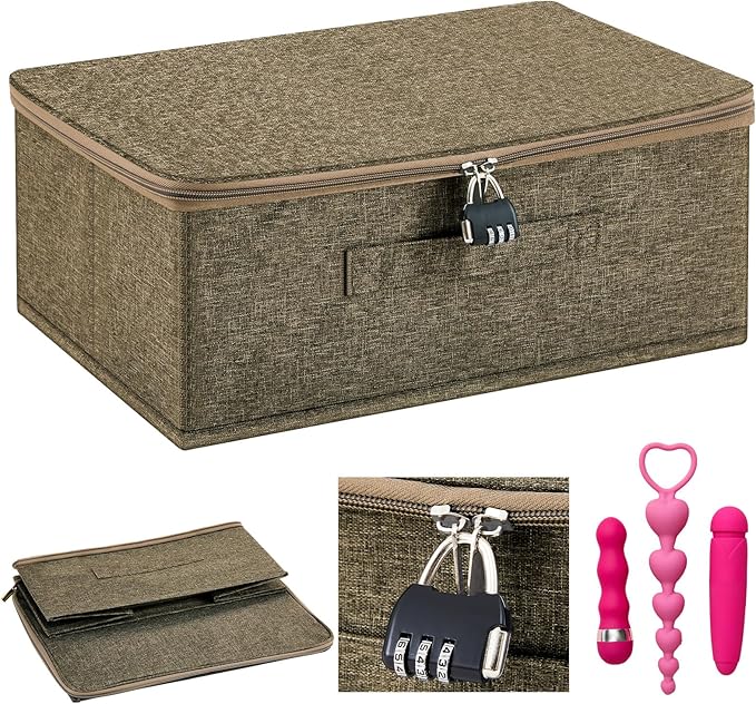 Discreet Lockable Toy Bag Storage Organizer Toy Bag Storage Bins Case with Zipper Lid for Women and Men Clothes Container(Coffee,15 x 10 x 6.3 Inch)