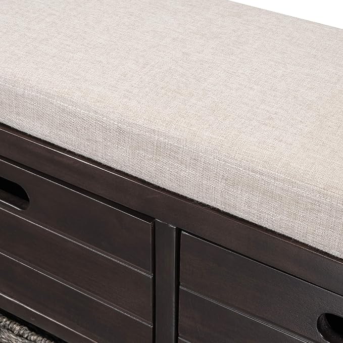 SOFTSEA Storage Bench Upholstered Storage Ottoman with Removable Basket and 2 Drawers, Farmhouse Shoe Bench with Seat Cushion, Full Assembled, Espresso