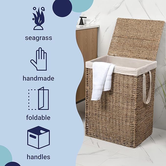 happimess BSK2016A Reed Coastal Bohemian Handwoven Seagrass Laundry Hamper 85L (22.5 Gallon) with Lid and Removable Liner, Seagrass Containers for Decoration in Living Room, Natural