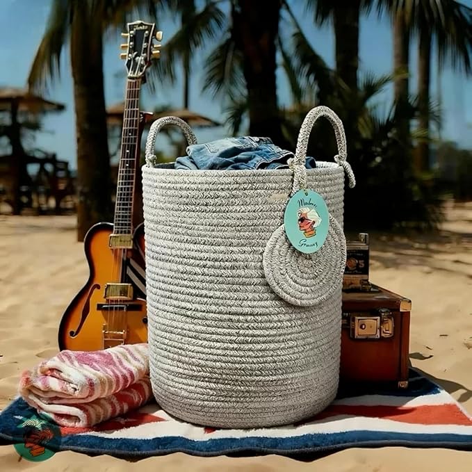 Modern Granny Large Cotton Rope Laundry Hamper 15x20 Inch Dual Secure Woven Handle for Living Room Closet Clothes Blanket Organization