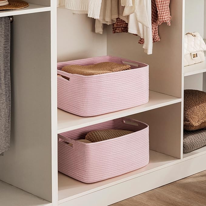UBBCARE 2 Pack Storage Baskets for Shelves, Large Woven Storage Baskets, Dog Toy Bins, Baskets for Organizing Clothes, Towels, Books, Blanket, 17"L x 13"W x 7.5"H, Pink