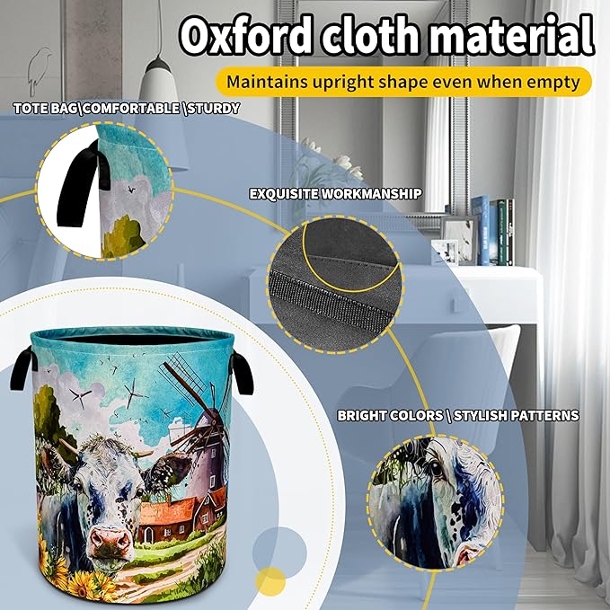 Cow Laundry Basket Farm Foldable Oxford Cloth Funny Tote Bag Laundry Hamper Clothes Storage Bucket Toy Organizer For Bathroom/Laundry Storage/Bedroom 18.9x16.5 Inch