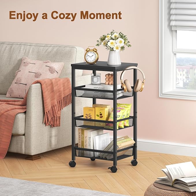 Hoctieon Rolling Storage Cart, 4-Tier 11.8" Wide Panel Rolling Kitchen Storage Cart, Utility Cart with Handle & Wheels, Mobile Shelving Unit, Metal Frame Narrow Cart for Home Kitchen, Laundry, Black