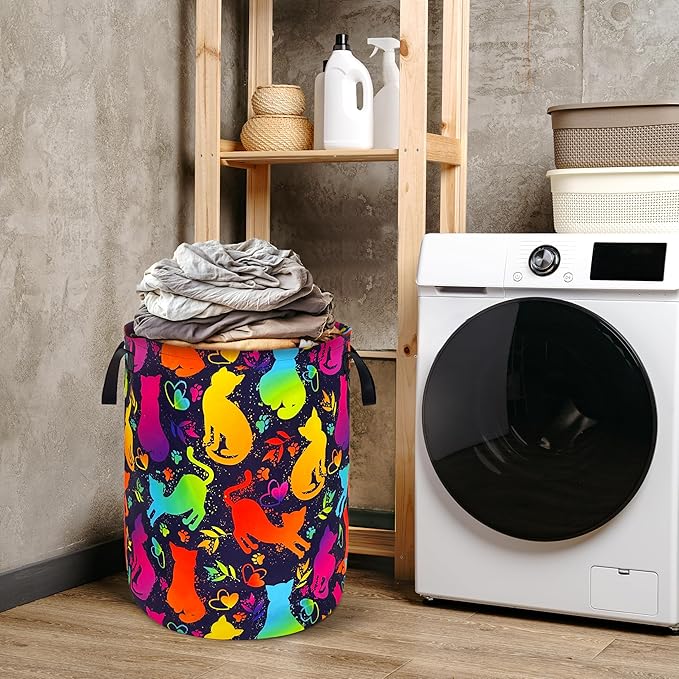 Cute Colorful Cat Laundry Basket Foldable Oxford Cloth With Handle Portable Neon Storage Basket Organizer Suitable For Laundry Room/Bedroom/Living Room/Children'S Room (18.9 X 16.5 Inch)