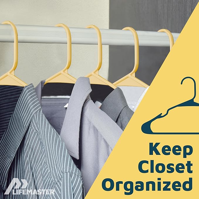Lifemaster Plastic Clothes Hangers – Heavy Duty Hanger Set, for Organizing Clothes, Dresses, and Coat, Holds Up to 5 lbs, Space-Saving Hangers with Non-Slip Shoulder Grooves, Pack of 10, Yellow
