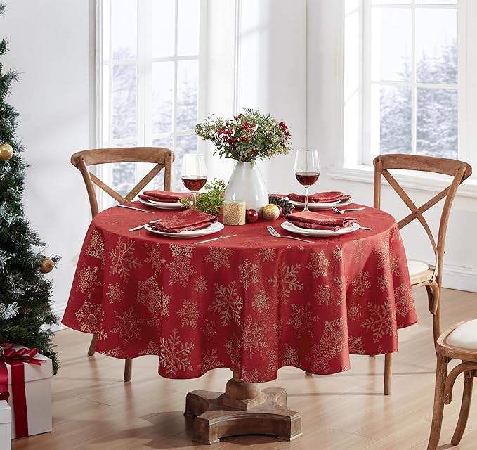 Newbridge Fancy Metallic Snowflake Christmas Fabric Tablecloth, 60 x 84 Inch Oval, Red Gold, No-Iron Soil Resistant Sparkling Snowflakes Woven Holiday Table Cover