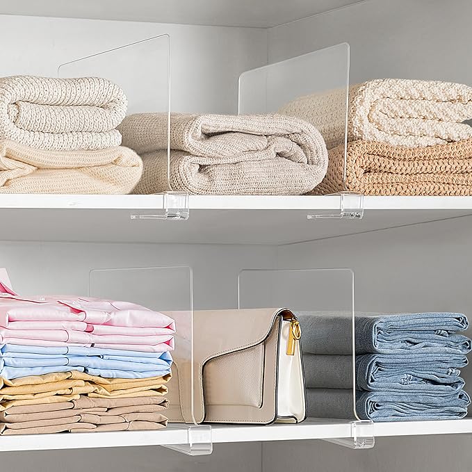 HBlife 12 Inches Tall [Extra Tall Version] Clear Shelf Dividers, 4 Pack Purse Organizer for Closet Perfect for Sweater, Shirts, Handbags, Acrylic Adjustable Bookshelf for Organization