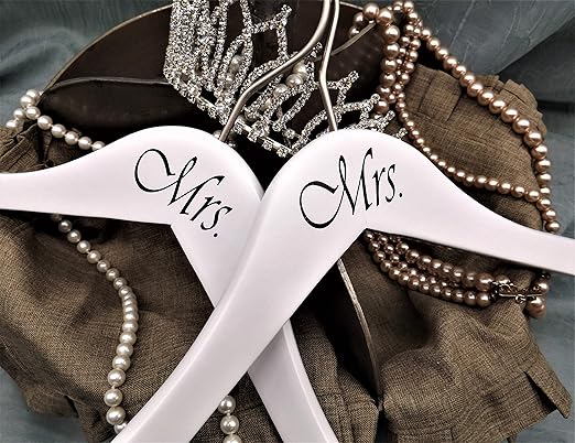 NAHANCO MRSMRS20117 Same Sex, Gay Pride Hanger Set, White Wood Hangers with Black Imprint (Mrs. and Mrs.), 17” (2-Piece Set)