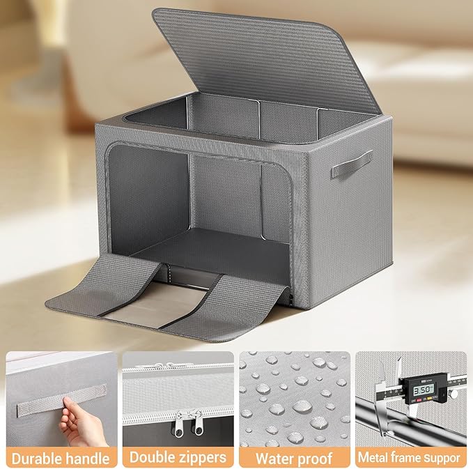 Clothes Storage Bins with Metal Frame Foldable Storage Box Clothes Organizers Storage Containers for Clothes Sheets Blankets Books Toys Gifts and Holiday Decorations (100Lx3 Pack) Deep grey