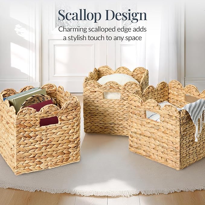 Best Choice Products 13 x 13in Scalloped Hyacinth Baskets, Rustic Set Of 5 Multipurpose Collapsible Storage Organizer, Handwoven Laundry Totes for Bedroom, Living Room, Shelves - Natural