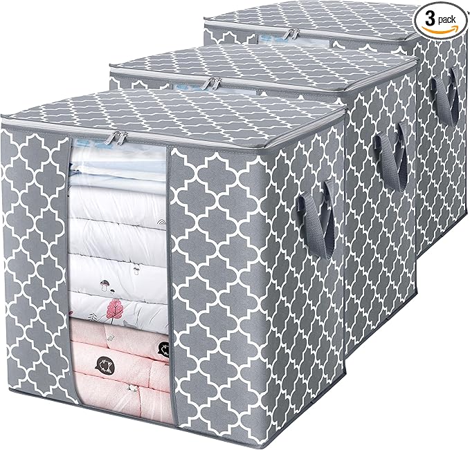 WISELIFE Storage Bags [3 Pack/100L] Large Blanket Clothes Organization and Storage Containers for Comforters,Bedding, Foldable Organizer with Reinforced Handle, Clear Window, Sturdy Zippers,Light Gray