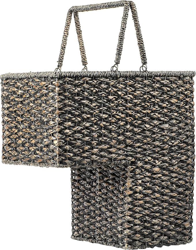 Creative Co-Op Woven Bankuan Rope Stair Basket with Handles, Black