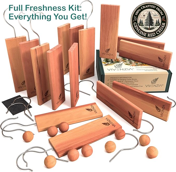 Cedar Blocks for Closet -25 pcs (15 Hang-ups & 10 Balls)- Aromatic Cedar for Closets, Natural Closet Smell Eliminator, Natural Closet Deodorizer, Drawer Fresheners for Dresser.