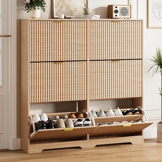 Shoe Cabinet Storage for Entryway with 6 Flip Drawers, Oak Fluted Shoe Cabinet with Adjustable Shelves, Wooden Hidden Shoe Rack Freestanding Narrow Slim Shoes Storage for Hallway, Entrance