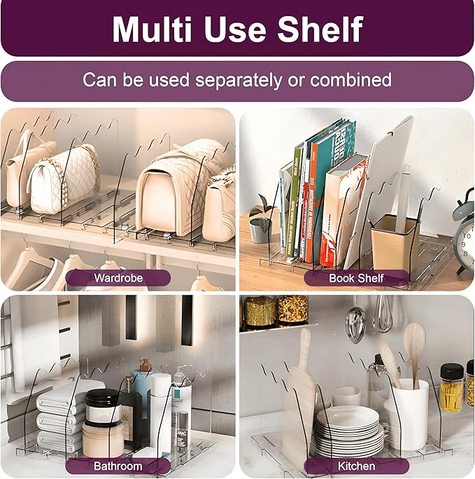 2 Pack Clear Bag & Purse Organizer for Closet - Adjustable Shelf Dividers for Closet Organizer - Clear Bag Storage Separator Rack for Handbag, Clothes Clutch, Tote, Book in Bedroom, Office