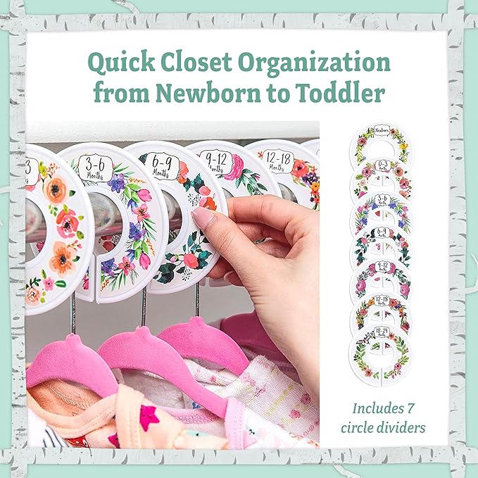Baby Nest Designs 20 Baby Hangers with 7 Closet Dividers for Nursery Velvet Clothes Hangers Unisex Newborn Essentials Baby Size Organizer for Infant Clothing to 24 Months