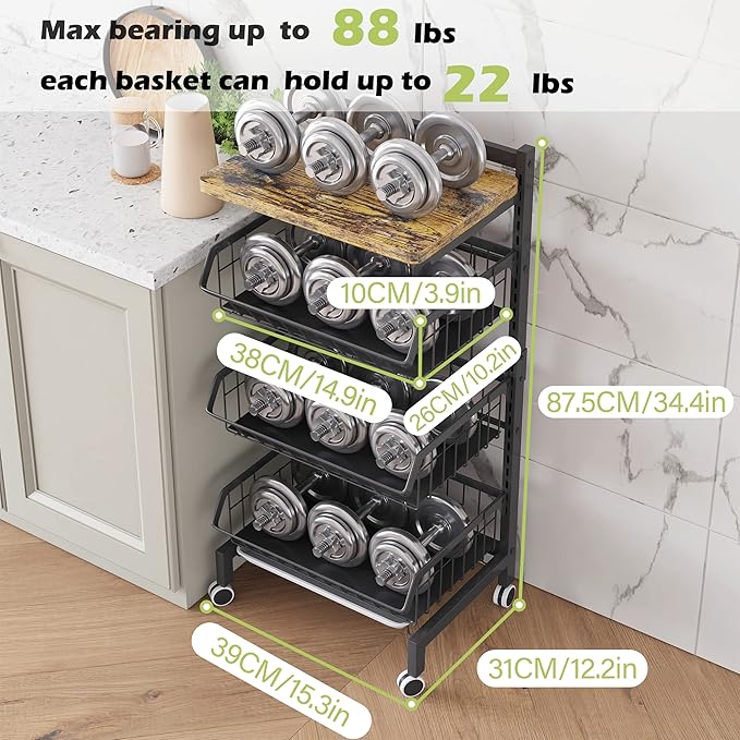 COVAODQ Fruit Basket 4 Tier Adjustable Fruit Vegetable Basket Cart Metal Wire Storage Cart Rolling Pantry Utility Kitchen Cart
