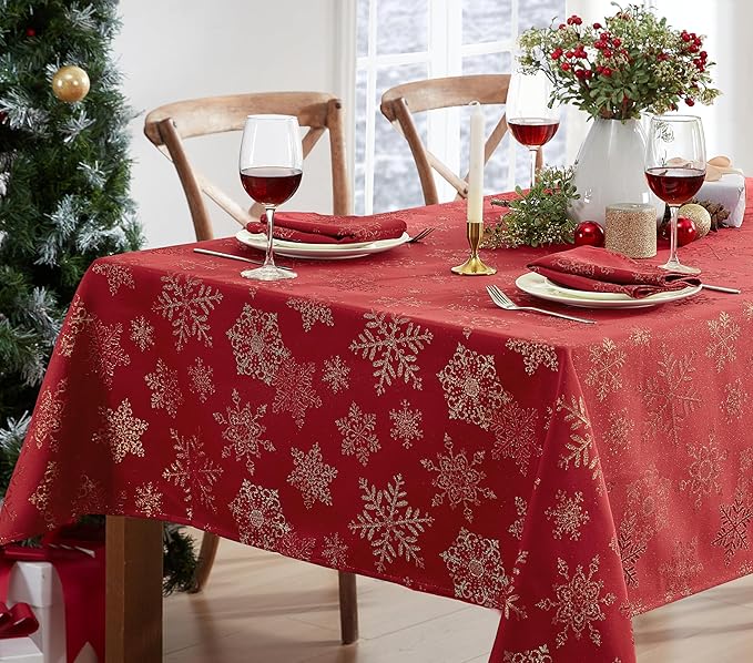 Newbridge Fancy Metallic Snowflake Christmas Fabric Tablecloth, 60 x 102 Inch Rectangle, Red Gold, No-Iron Soil Resistant Sparkling Snowflakes Woven Holiday Table Cover