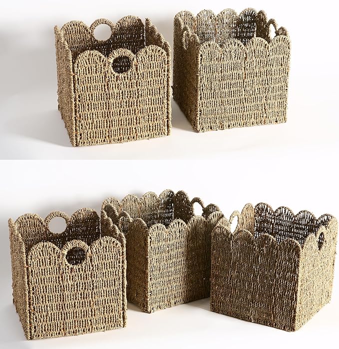 Scalloped Wicker Storage Cubes Basket, 12”x12“ Heavy Duty Paper rope/Hyacinth/Seagrass Baskets for Shelves, Foldable Natural Boho Square Bins (Seagrass, 12 x 12 x 12in, 4-Pack)