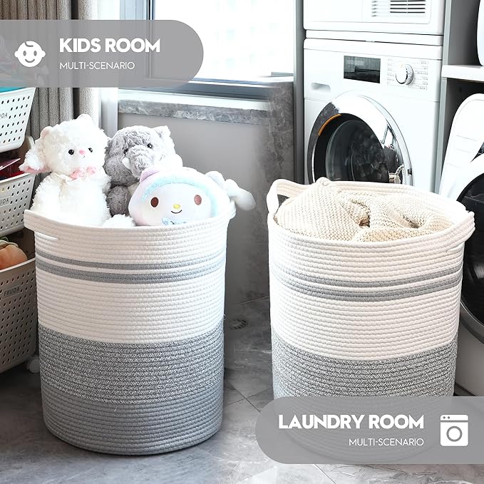 Sea Team Large Size Cotton Rope Woven Storage Basket with Handles, Laundry Hamper, Fabric Bucket, Drum, Clothes Blankets Organizer for Kid's Room, 18 x 20 inches, Round Open Design, White & Grey
