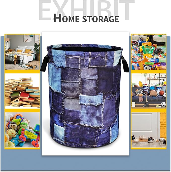 Blue Denim Pattern Laundry Basket Patchwork Design Foldable Oxford Cloth Funny Tote Bag Laundry Hamper Clothes Storage Bucket Toy Organizer For Bathroom/Laundry Storage/Bedroom 18.9x16.5 In