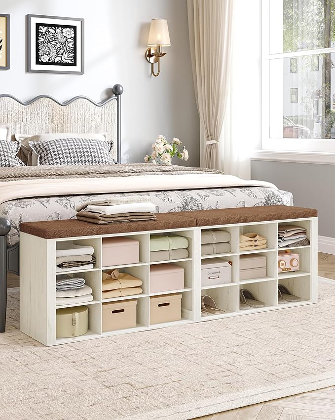 Shoe Storage Bench with Cushion, Entryway Storage Bench with 18 Cubbies, 9.5" Widened Organizer Cabinet, Long Cubby Rack for Living Room, Bedroom, Entryway, White and Brown SB25714KA