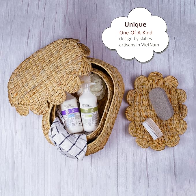 Set of 2 Wicker Storage Baskets with Lid, Rattan Basket Decorative Boxes, Woven Storage Box Hyacinth Basket with Lids, Small Scalloped Edge Wicker Baskets with Lids