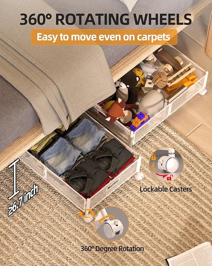 Under Bed Organizer, Storage Bins Under Bed, 60L Underbed Storage Bins for Bedroom Clothes Shoes Blankets (White, 4 Pack)