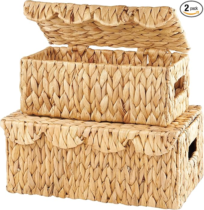 Set of 2 Scalloped Wicker Baskets with Lid - Woven Baskets with Lid - Rattan Storage Box - Woven Decorative Box