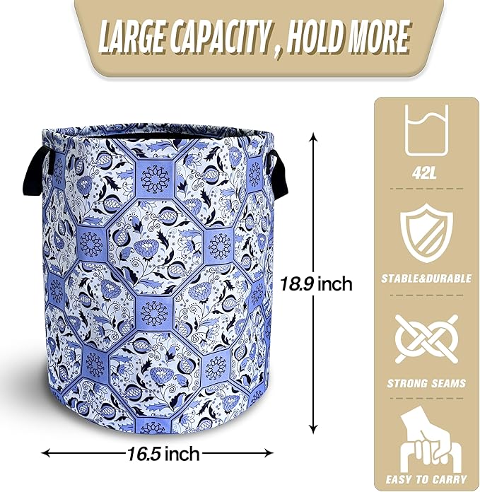 Chinoiserie Style Blue And White Porcelain Laundry Basket Foldable Oxford Cloth Funny Tote Bag Laundry Hamper Clothes Storage Bucket Toy Organizer For Bathroom/Laundry/Bedroom 18.9x16.5 In