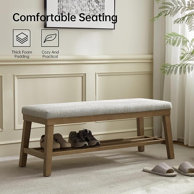 VKNOW Entryway Bench, 44.4" Upholstered Storage Shoe Bench for Entryway & Bedroom, Shoe Rack Bench with Rubberwood Legs, Modern End of Bed Bench for Living Room and Hallway, Beige