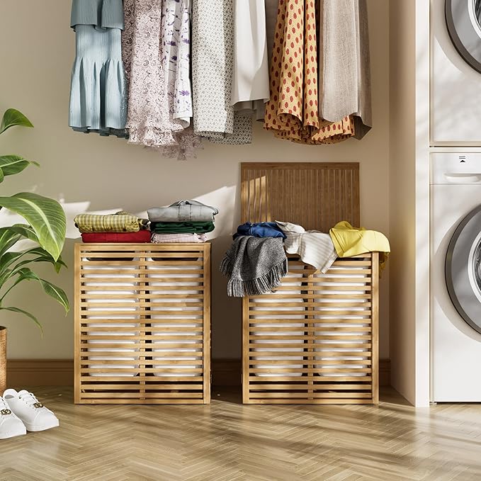 VEIKOU Hamper with Lid, Bamboo Laundry Hamper 2 Compartment, Divider Dirty Clothes Hamper, 120L Large Foldable Laundry Hamper with Removable Liners Bags