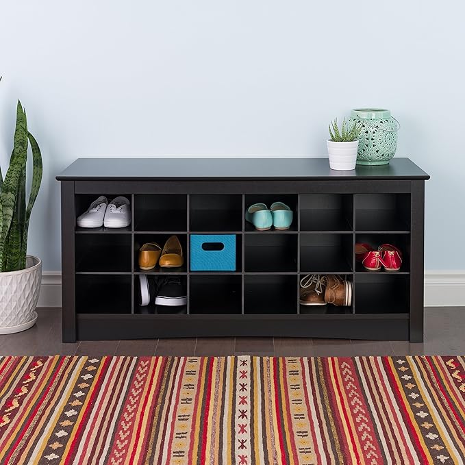 Prepac Black Shoe Cabinet, Entryway Bench, Mud Room Organization and Storage Bench with 18 Shoe Cubbies 16"D x 48"W x 24"H
