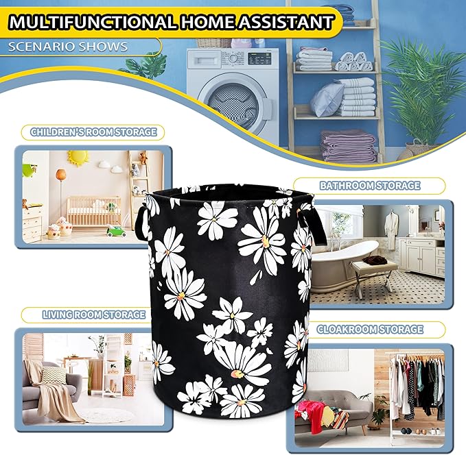 Daisy Laundry Basketwhite Yellow Flower Foldable Oxford Cloth Funny Tote Bag Laundry Hamper Clothes Storage Bucket Toy Organizer For Bathroom/Laundry Storage/Bedroom 18.9x16.5 In