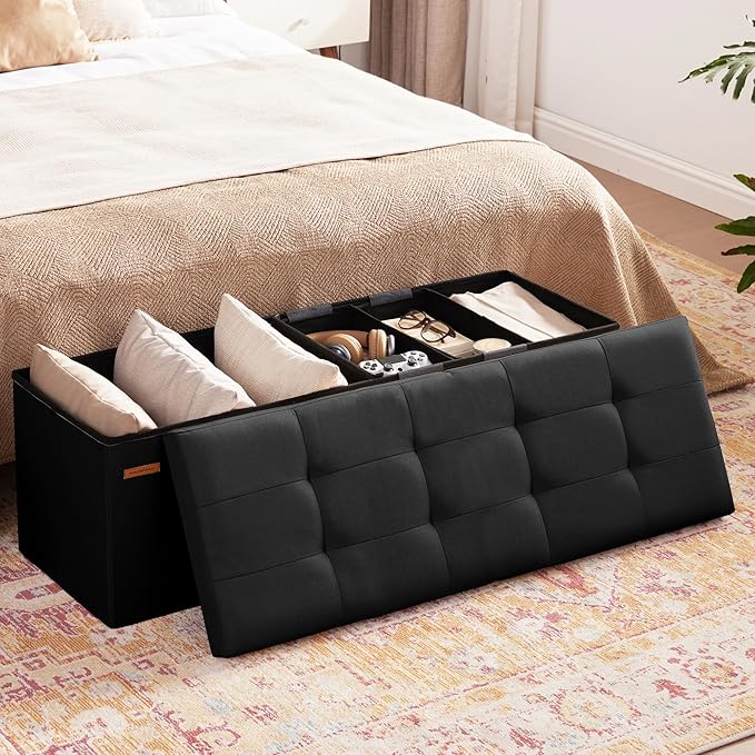 HAUSFRAU Storage Ottoman Bench with Flipping Lid, 43.3 Inches Storage Chest Footsrest, Folding Foot Stool for Entryway, Living Room, Bedroom, Linen Black