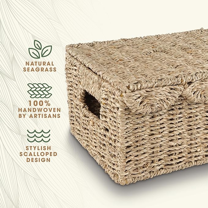 Set of 2 Scalloped Seagrass Baskets with Lid