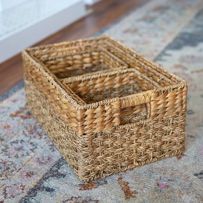Seagrass and Hyacinth Nesting Wicker Basket, Multi-Size, 4 pack, Natural Woven Storage Baskets for Organizing Living Room, Shelves, Pantry