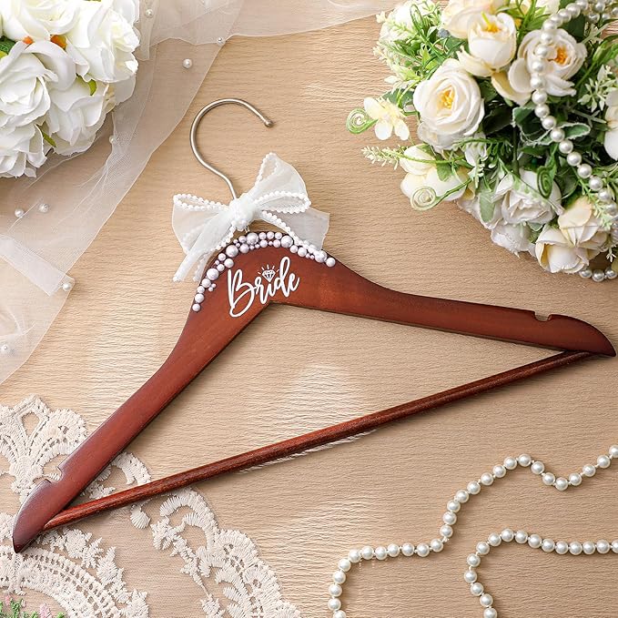 Bride Wedding Dress Pearl Mrs. Hanger with Pearl Ribbon Bow Elegant Wooden Dress Hanger to Be Ideal Keepsake for Wedding Day Gift (Walnut,Bride)