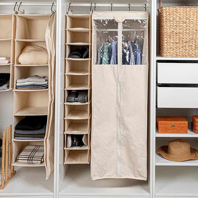 Household Essentials Hanging Shoe Organizer, 10 Wide Cubbies with Cedarline Pockets, Heavy-Duty Cotton Canvas, Removable and Industrial Hooks, Natural