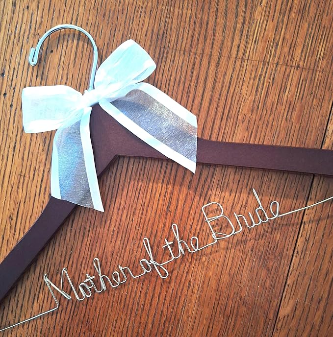 Mother of the Bride - Mother of the Groom Wedding Dress Hanger Silver or Gold Sturdy Wire, Quality Dark or White Wood Hanger with Notches - Your Choice of 10 Bow Colors Gift