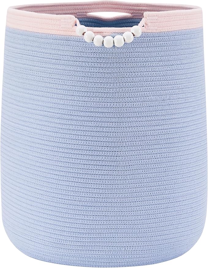 90L Large Blue Woven Rope Laundry Hamper Basket for Clohtes Boho Tall Rope Baskets for Blanket Baby Nursery Hamper for Girls Kids 17"Wide 22"Tall