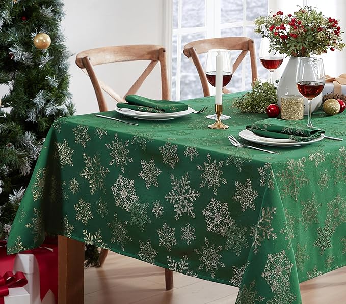Newbridge Fancy Metallic Snowflake Christmas Fabric Tablecloth, 60 x 102 Inch Rectangle, Hunter Gold, No-Iron Soil Resistant Sparkling Snowflakes Woven Holiday Table Cover