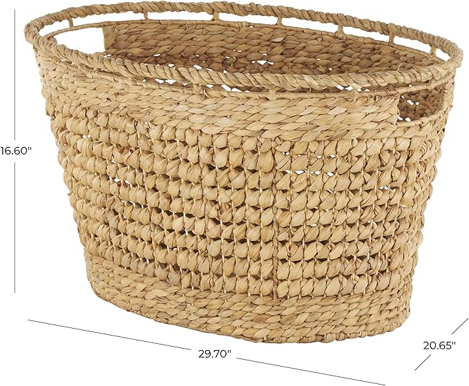 Deco 79 Seagrass Handmade Decorative and Functional Storage Basket Woven Oval Basket Organizer with Elevated Rim and Slot Handles, Basket for Storage 30" x 21" x 17", Brown
