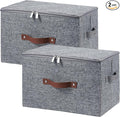 2 Pack Storage Bins with Zipper Lid Cotton Linen Fabric Lidded Storage Baskets Boxes Foldable Washable Closet Shelf Clothes Organizer Container with PU Leather Handles (Gray, Large Size)
