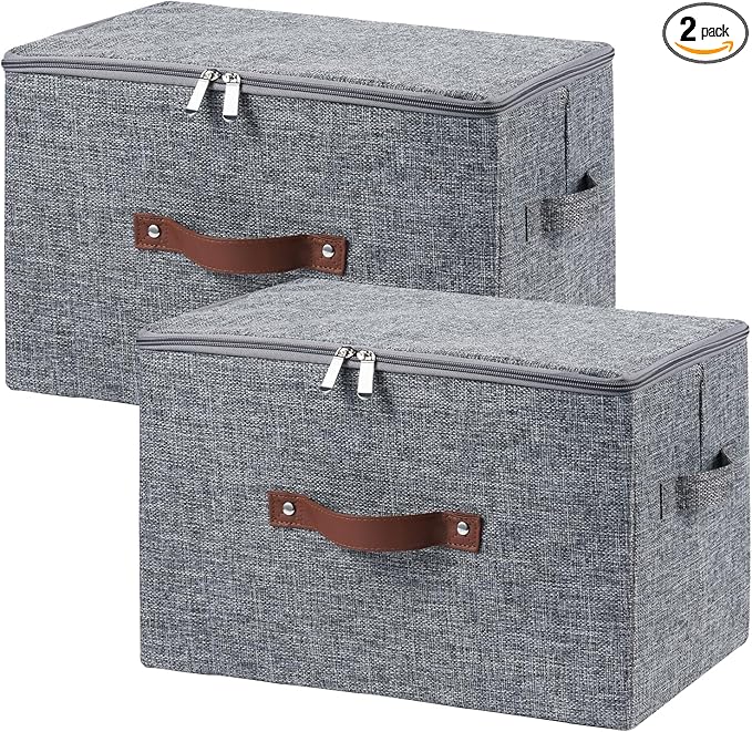 2 Pack Storage Bins with Zipper Lid Cotton Linen Fabric Lidded Storage Baskets Boxes Foldable Washable Closet Shelf Clothes Organizer Container with PU Leather Handles (Gray, Large Size)