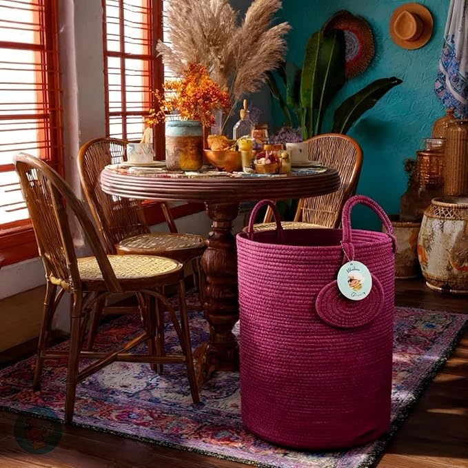 Modern Granny Large Cotton Rope Laundry Hamper 15x20 Inch Dual Secure Woven Handle for Living Room Closet Clothes Blanket Organization