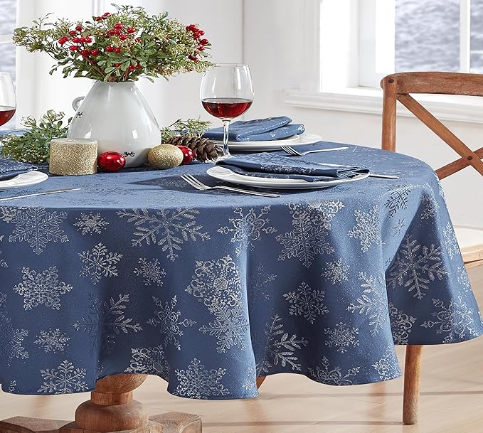 Newbridge Fancy Metallic Snowflake Christmas Fabric Tablecloth, 60 x 84 Inch Oval, Navy Silver, No-Iron Soil Resistant Sparkling Snowflakes Woven Holiday Table Cover